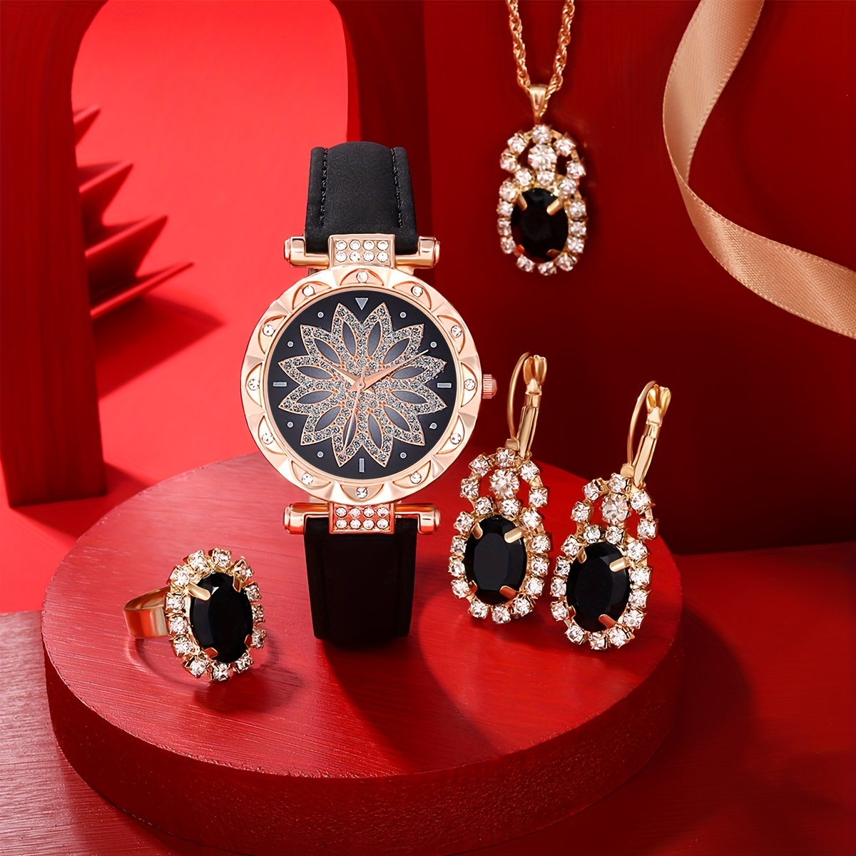 Luxury Watch Gift For Her - Luxe strass quartz horloge, glanzend bloemenanaloog