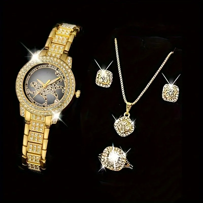 Luxury Watch Gift For Her - 5-delige set dameshorloge luipaardprint quartz horloge