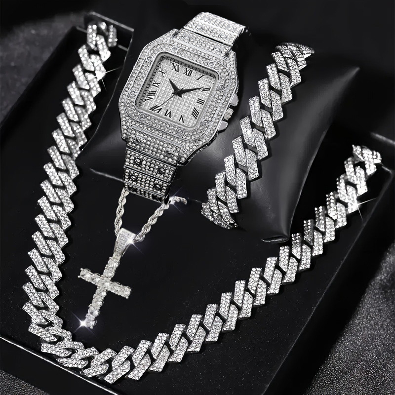 Luxury Watch Iceberg - 4-delige set: modieus 'iced out' vierkant